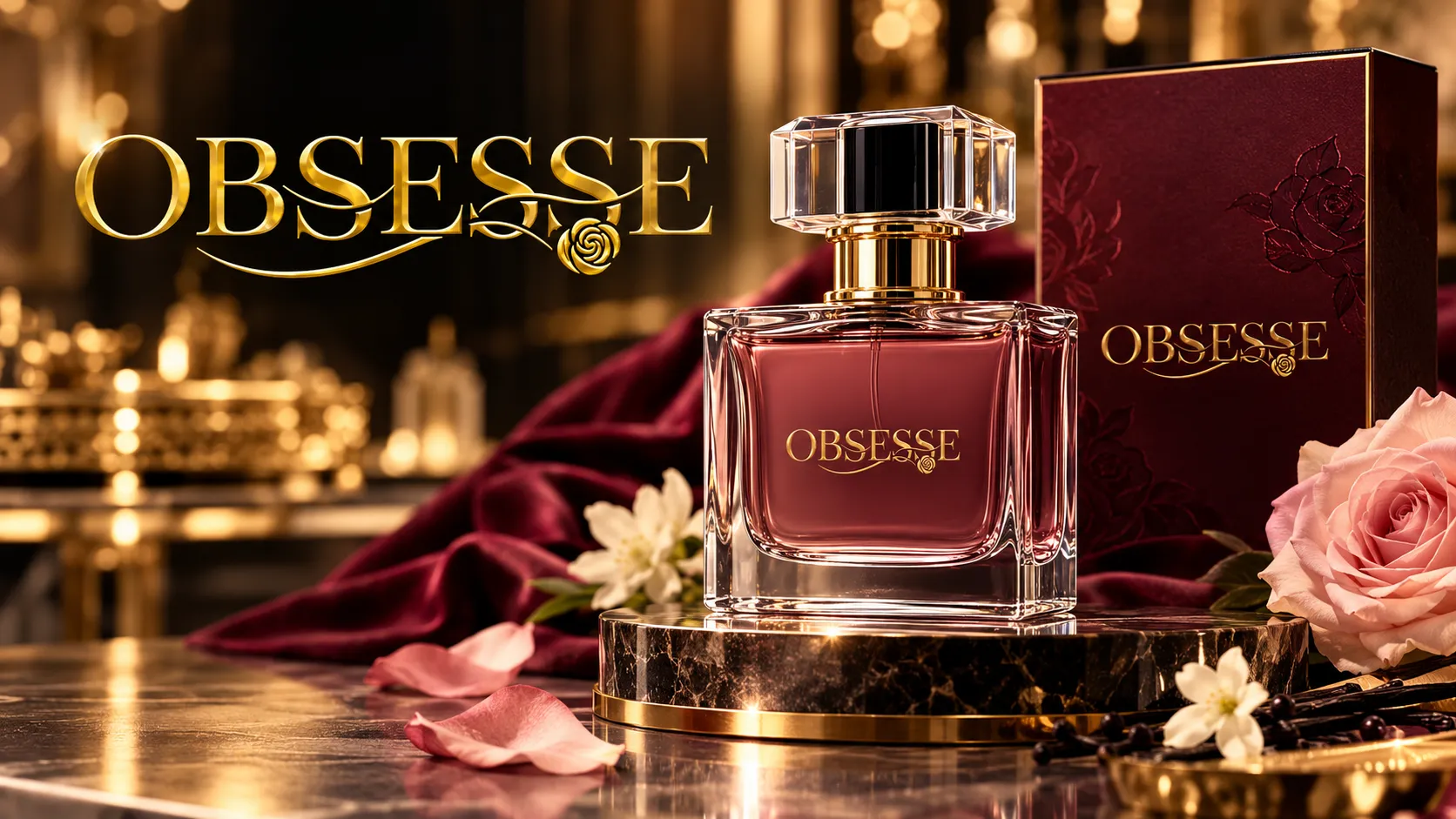 Best long lasting Obsesse Perfume in a luxury burgundy bottle with elegant golden branding.