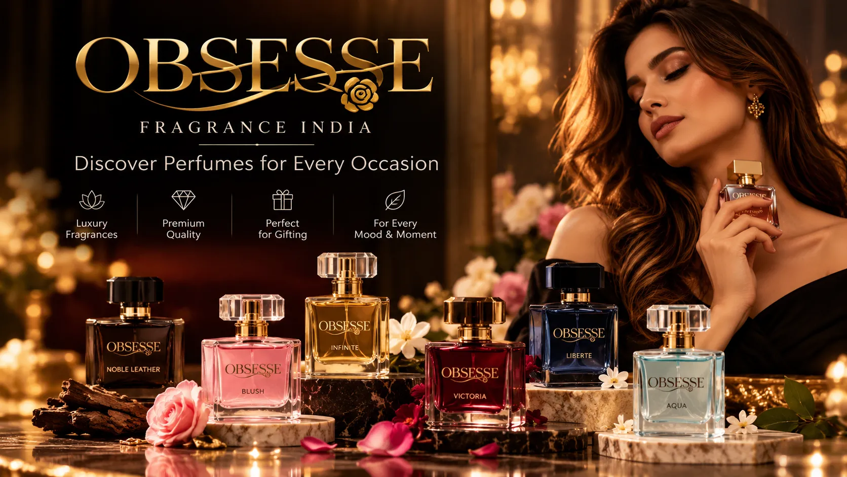 Obsesse Fragrance India luxury perfume collection featuring Blush, Infinite, Noble Leather, Victoria, Liberte and Aqua fragrances.