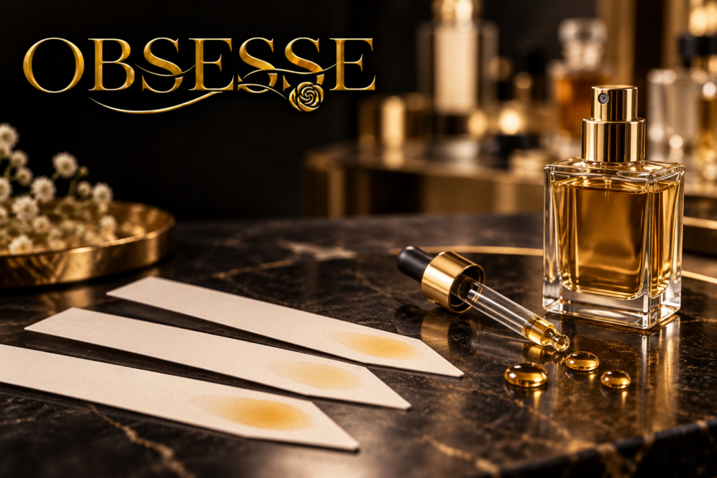 Gold Obsesse logo beside fragrance blotters, a dropper and an illustrative unbranded perfume atomizer