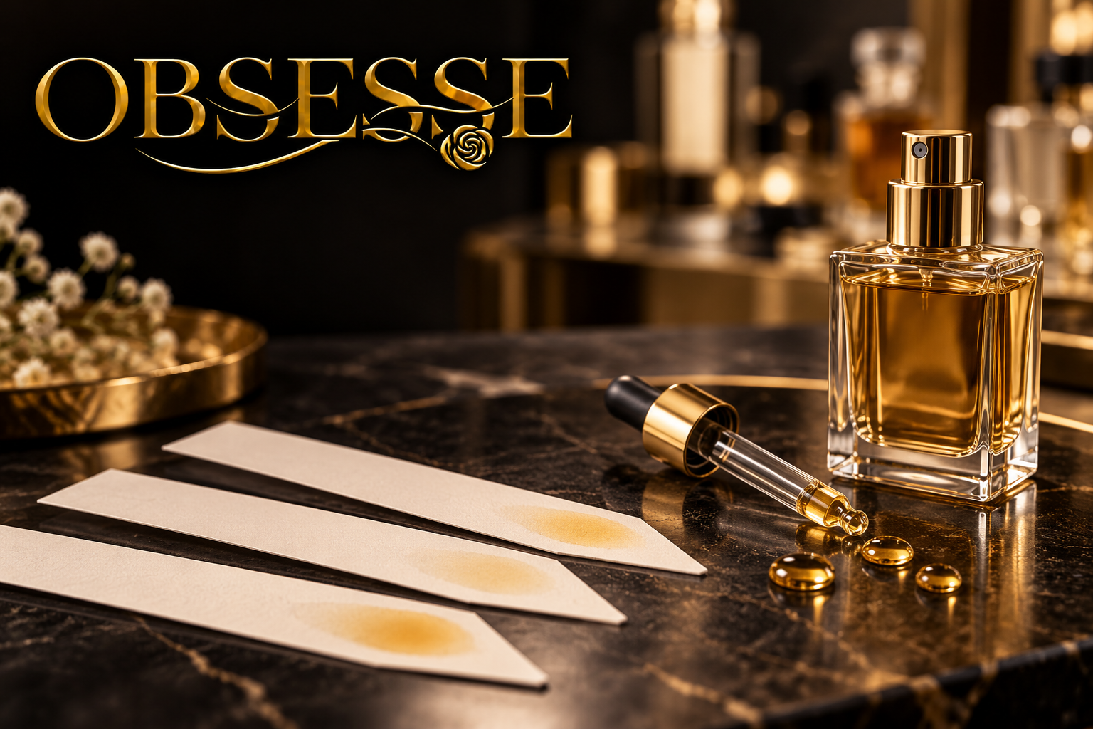 Gold Obsesse logo beside fragrance blotters, a dropper and an illustrative unbranded perfume atomizer