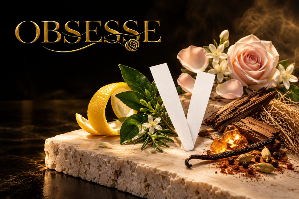 Gold OBSESSE logo with citrus, green leaves, pale flowers, wood, roots, resin and spices representing fragrance families