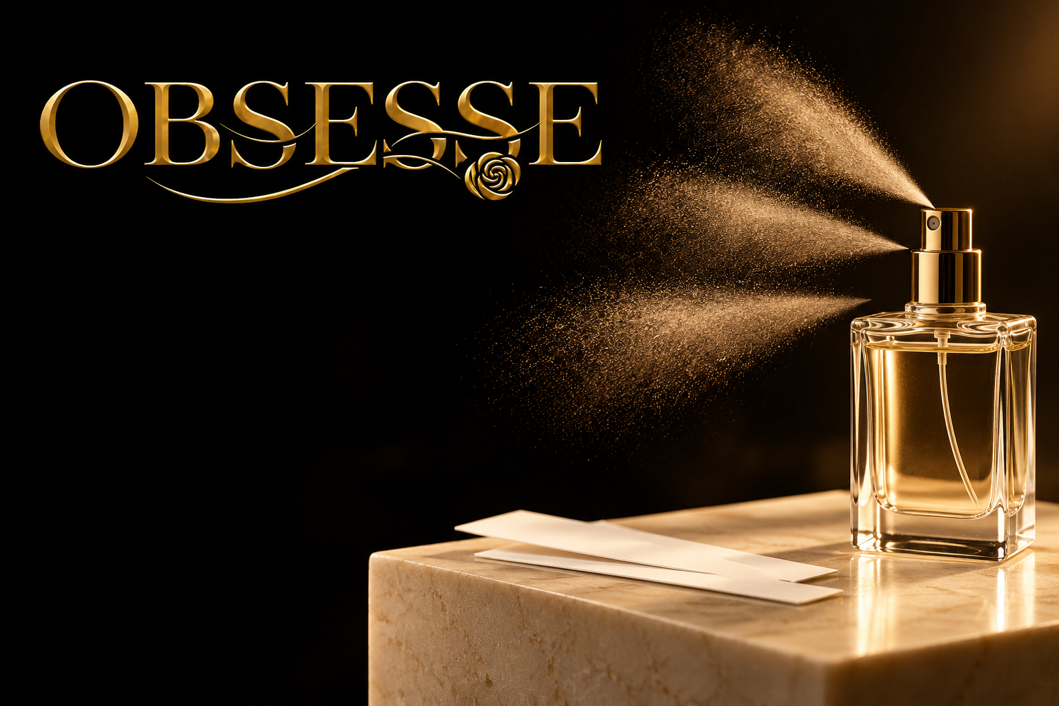 Gold OBSESSE logo beside a generic unbranded perfume atomizer with three conceptual mist trails