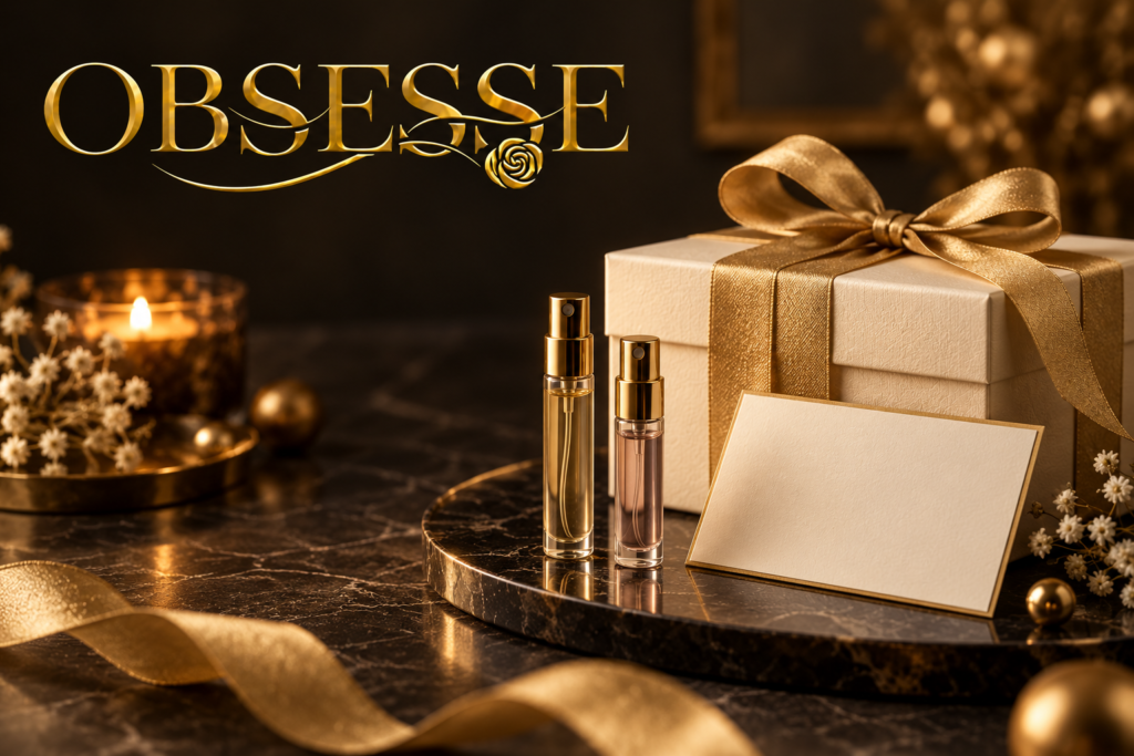 Gold Obsesse logo with an elegant gift box and two illustrative unbranded perfume sample atomizers