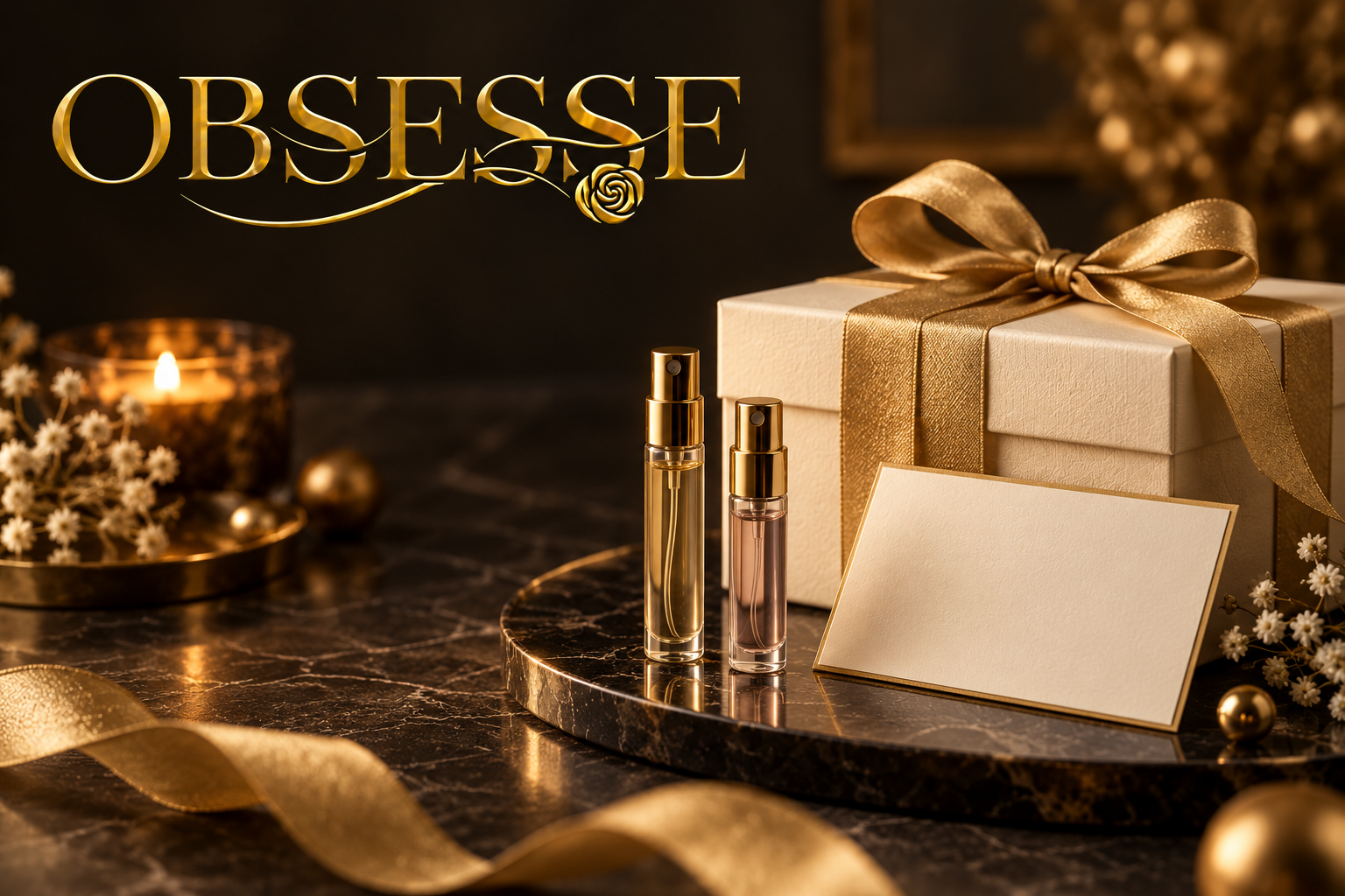 Gold Obsesse logo with an elegant gift box and two illustrative unbranded perfume sample atomizers