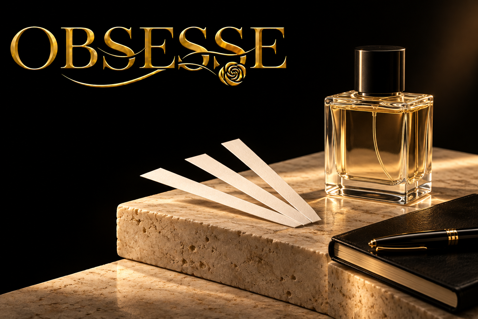 Gold OBSESSE logo beside a generic unbranded perfume bottle, scent blotters and a notebook
