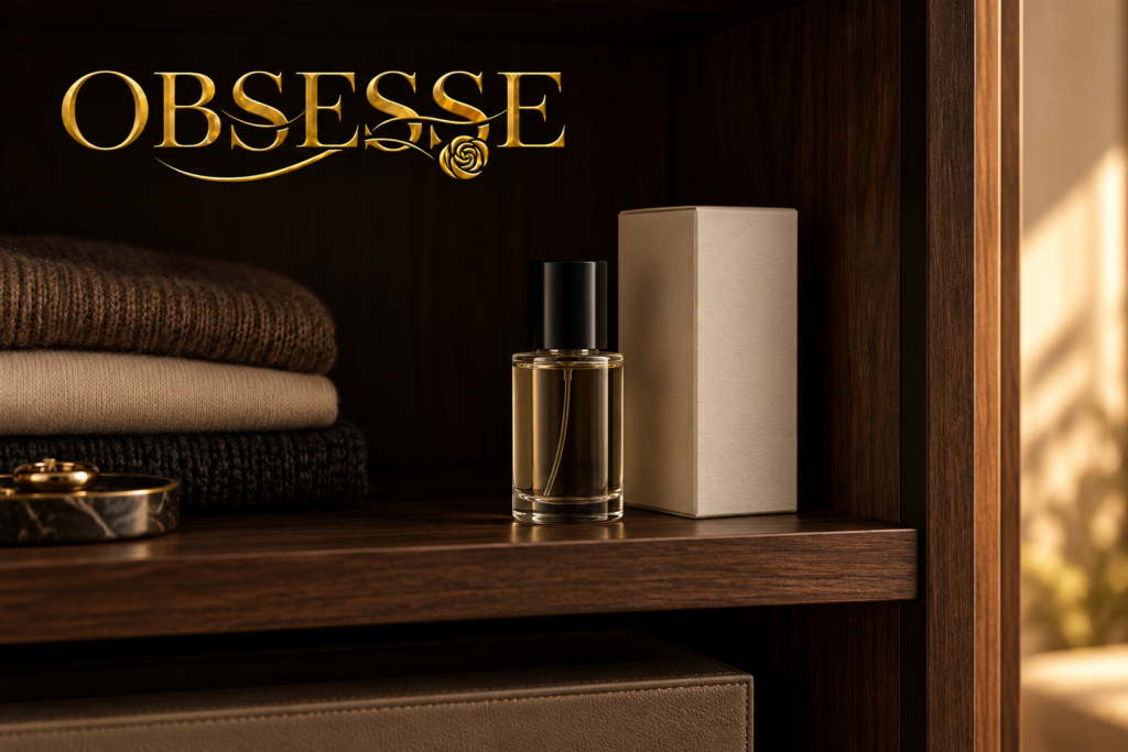 Illustrative perfume atomizer and protective box on a shaded wardrobe shelf with the gold Obsesse logo