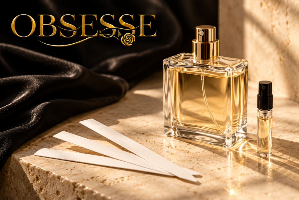 Perfume bottle, sample vial and scent testing strips with the gold Obsesse logo