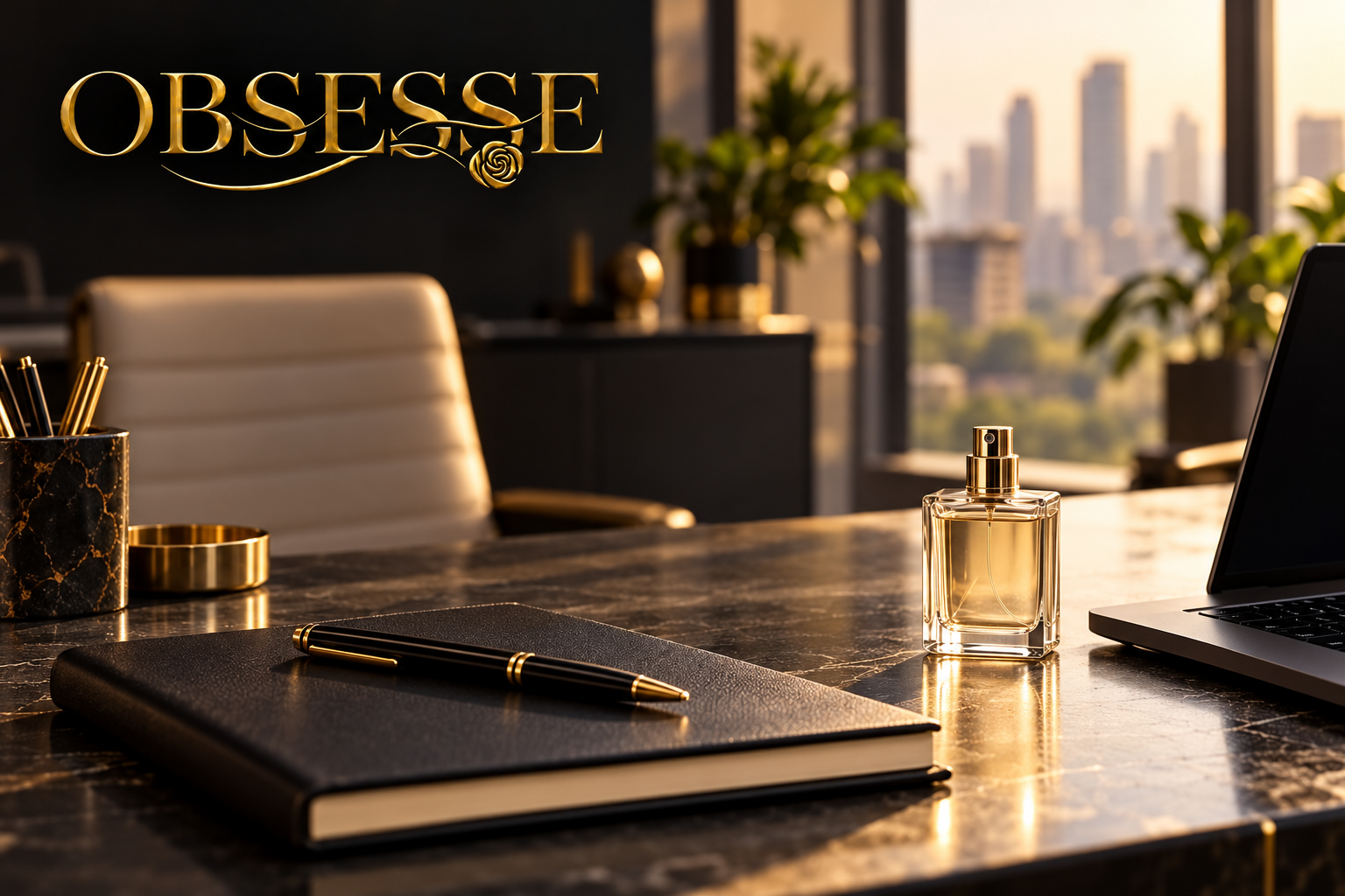 Gold Obsesse logo above a modern office desk with an illustrative unbranded perfume atomizer