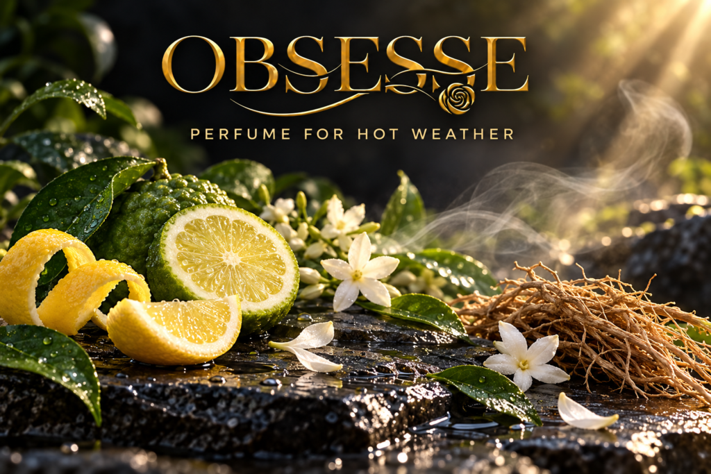 Gold OBSESSE logo above citrus, green leaves, jasmine, vetiver roots and water droplets for hot-weather perfume
