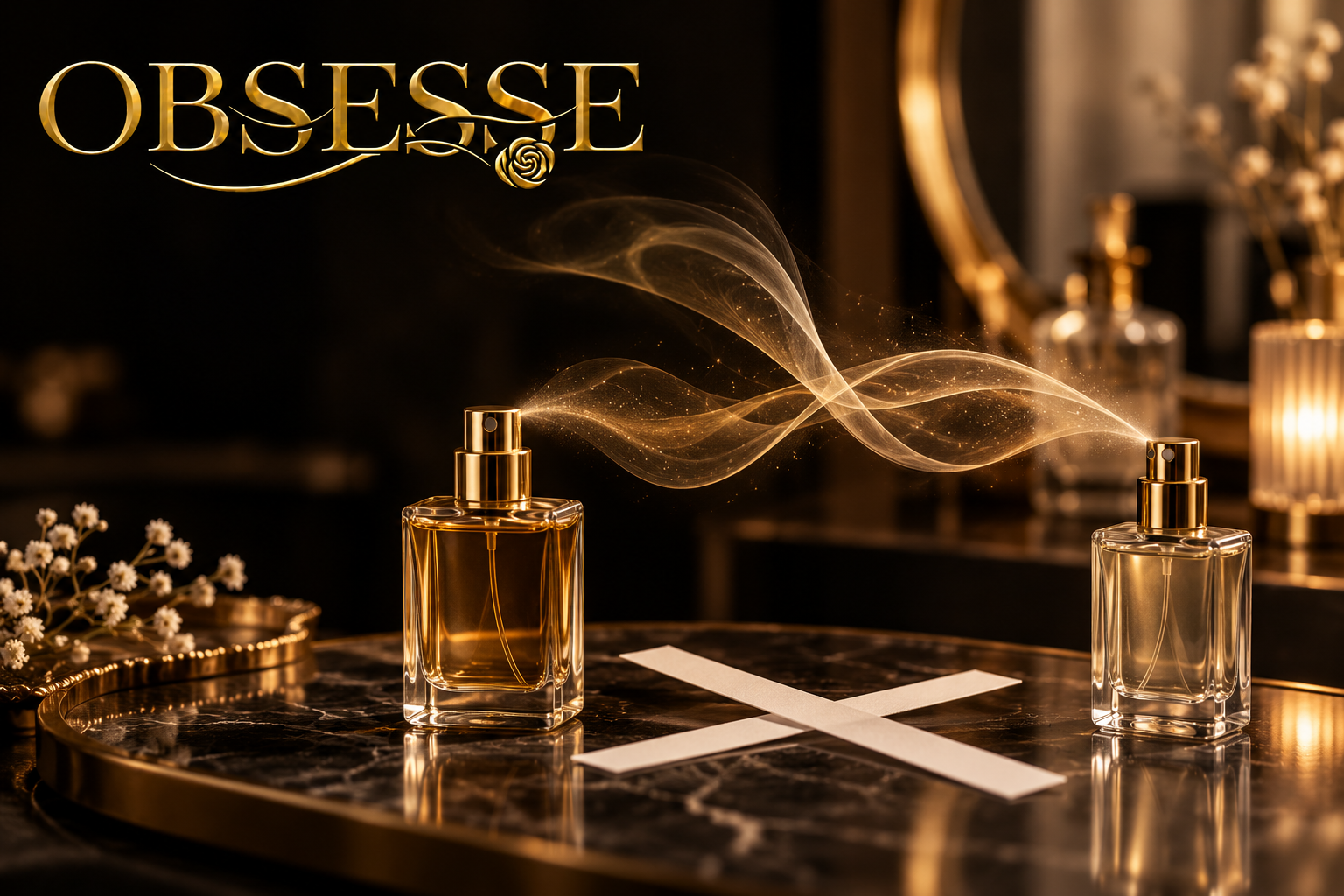Gold Obsesse logo above two illustrative unbranded perfume atomizers with intersecting scent ribbons