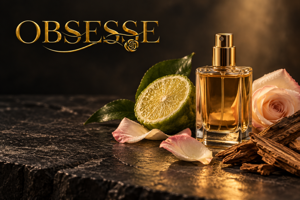 Gold Obsesse logo above an illustrative perfume atomizer with citrus, rose and wood scent associations