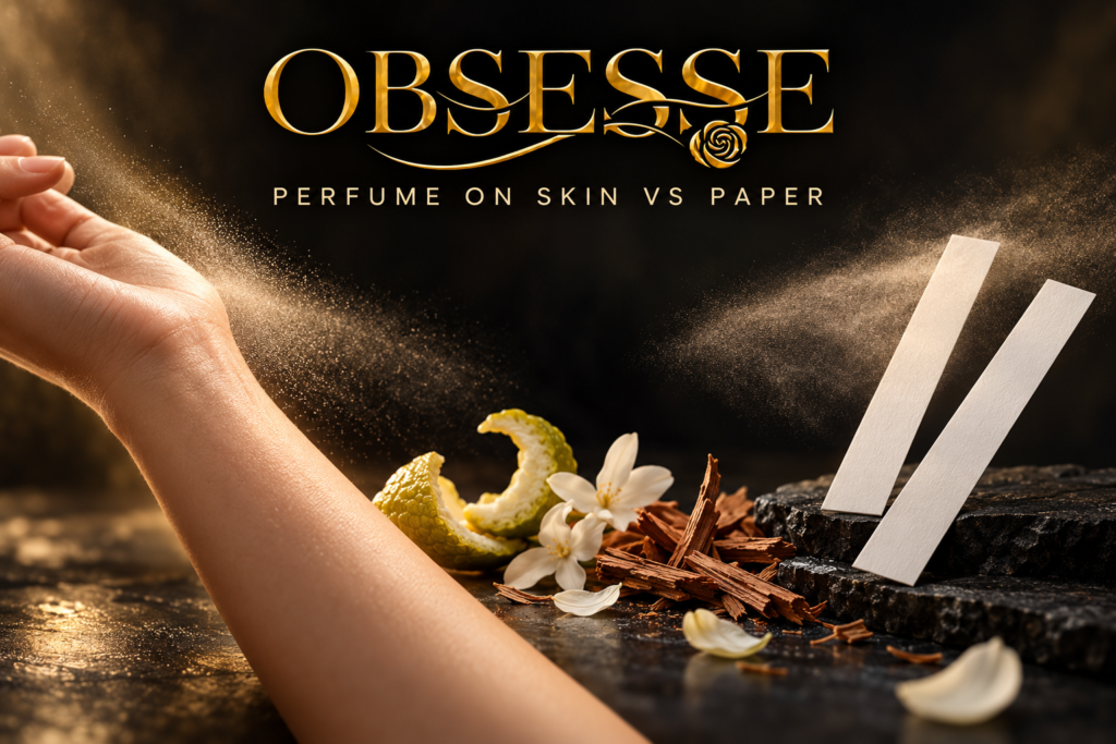 Gold OBSESSE logo above a wrist, perfume blotter strips, bergamot, jasmine and cedar comparing scent on skin and paper