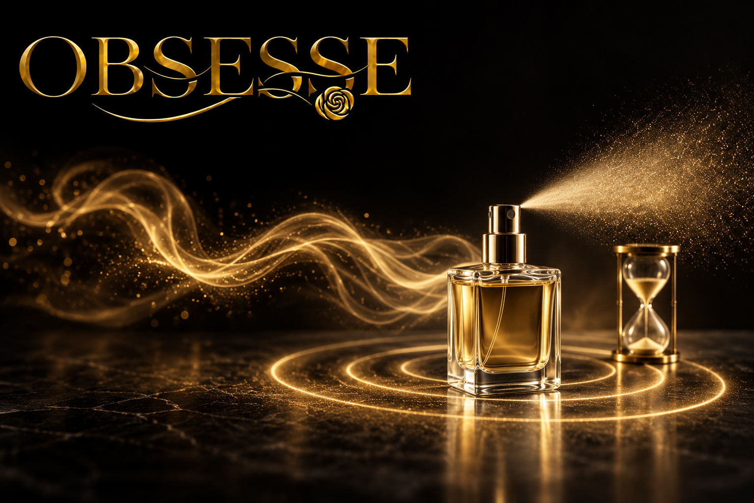 Gold Obsesse logo above an illustrative unbranded perfume atomizer, scent trail, projection rings and hourglass