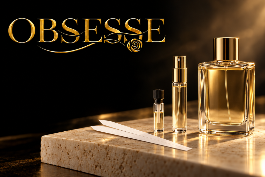 Gold OBSESSE logo beside generic unbranded sample vial, travel atomizer and larger perfume bottle