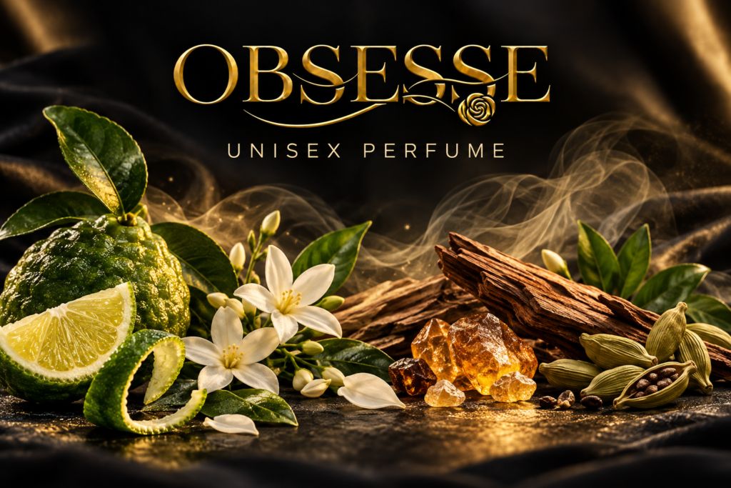 Gold OBSESSE logo above bergamot, jasmine, cedar, amber resin and cardamom illustrating unisex perfume