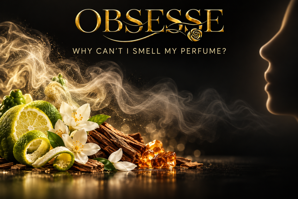 Gold OBSESSE logo above a fading aromatic mist, citrus, jasmine, cedar and amber illustrating olfactory adaptation